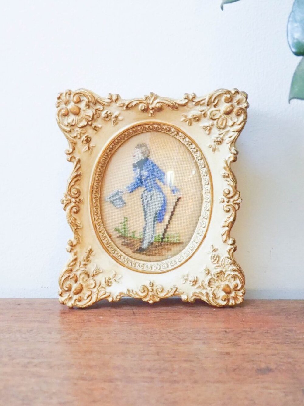 Vtg Framed Petit Point Needlepoint - Bubble Glass - 5" x 4.25" - 1950s Victorian